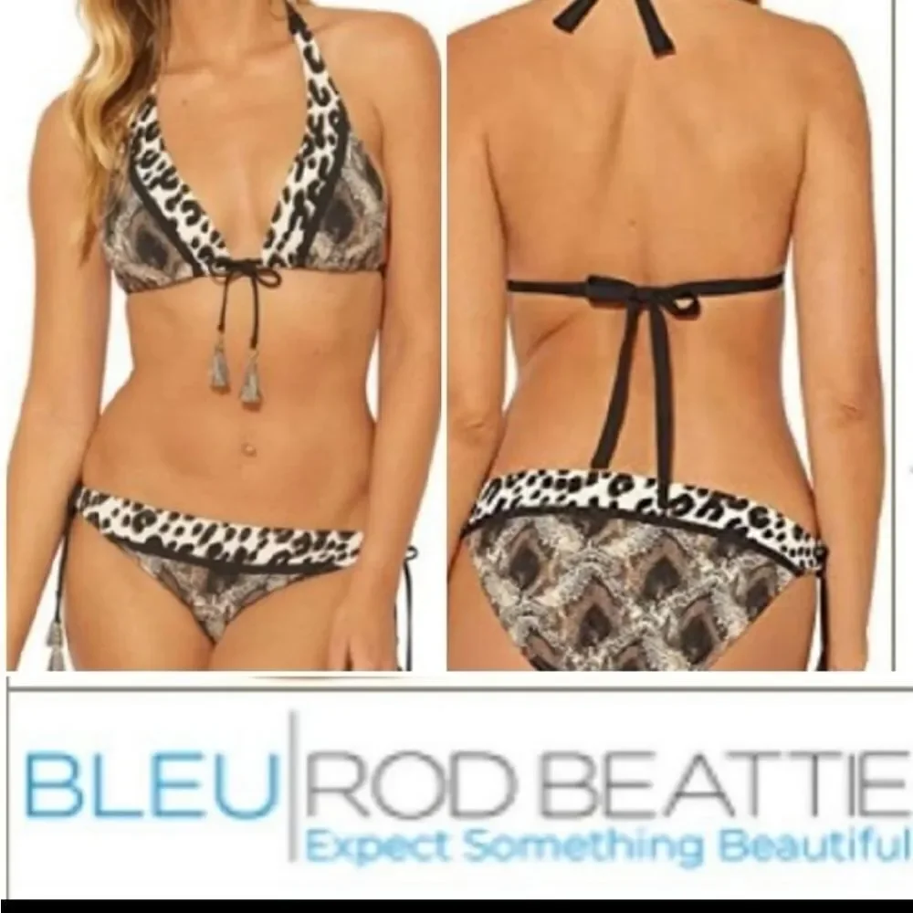 Bleu Rod Beattie Animal Print Triangle Bikini Top Tie Side Hipster Botto…